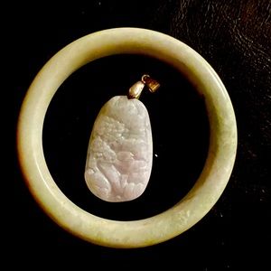 Genuine jade landscape pendant and 62-63mm jade bangle